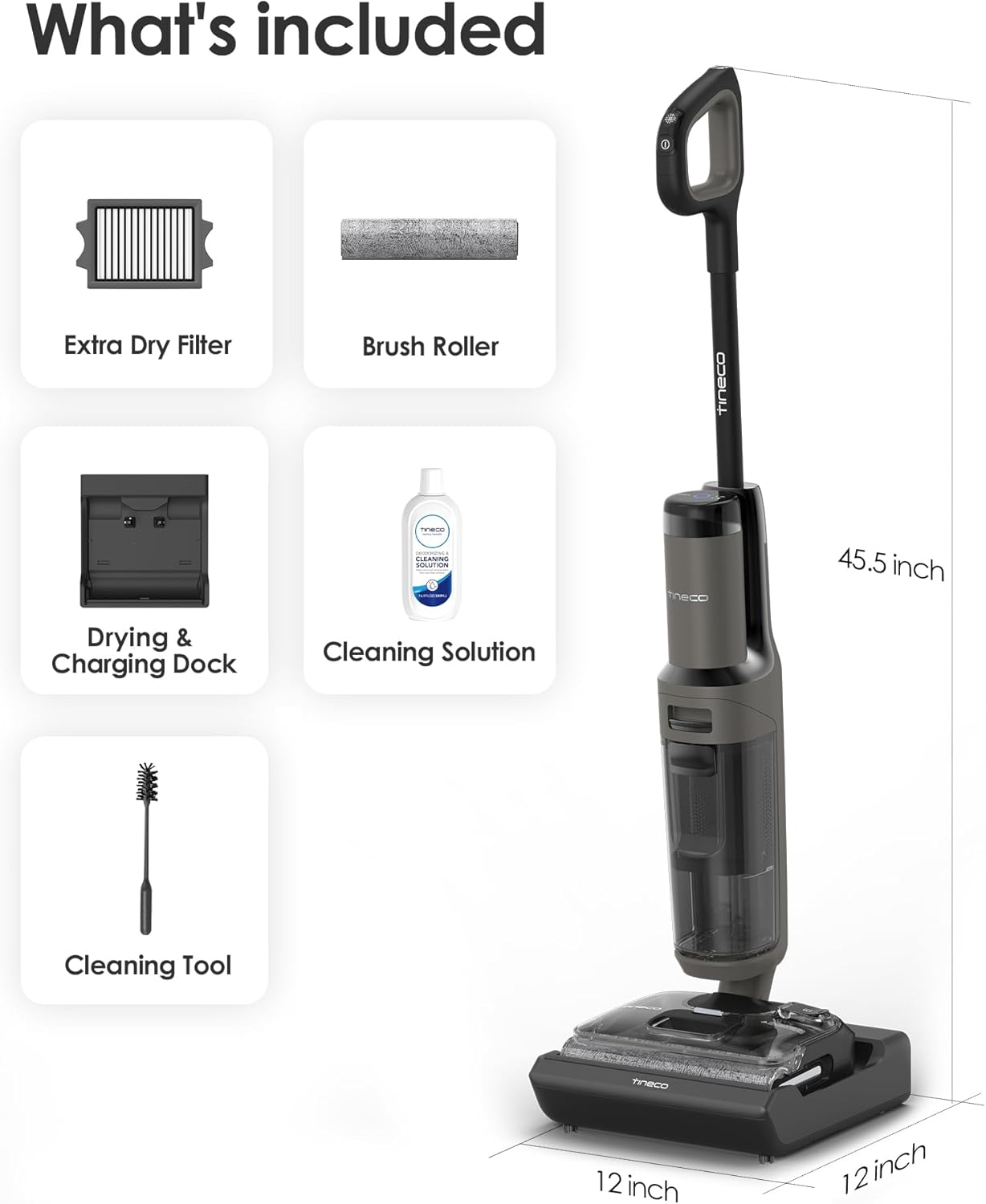 Tineco Floor ONE i5 Stretch Wet Dry Vacuum Cleaner, Vacuum & Mop in One Step, 20kpa Powerful Suction, 180° Lay-Flat Design, Anti-Tangle Design, Dual-Sided Edge Cleaning, Up to 30* Minutes Runtime