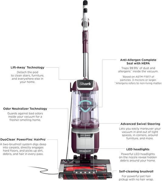 Shark LA702 Rotator Pet Lift-Away ADV Upright Vacuum with DuoClean PowerFins HairPro & Odor Neutralizer Technology, Wine Purple